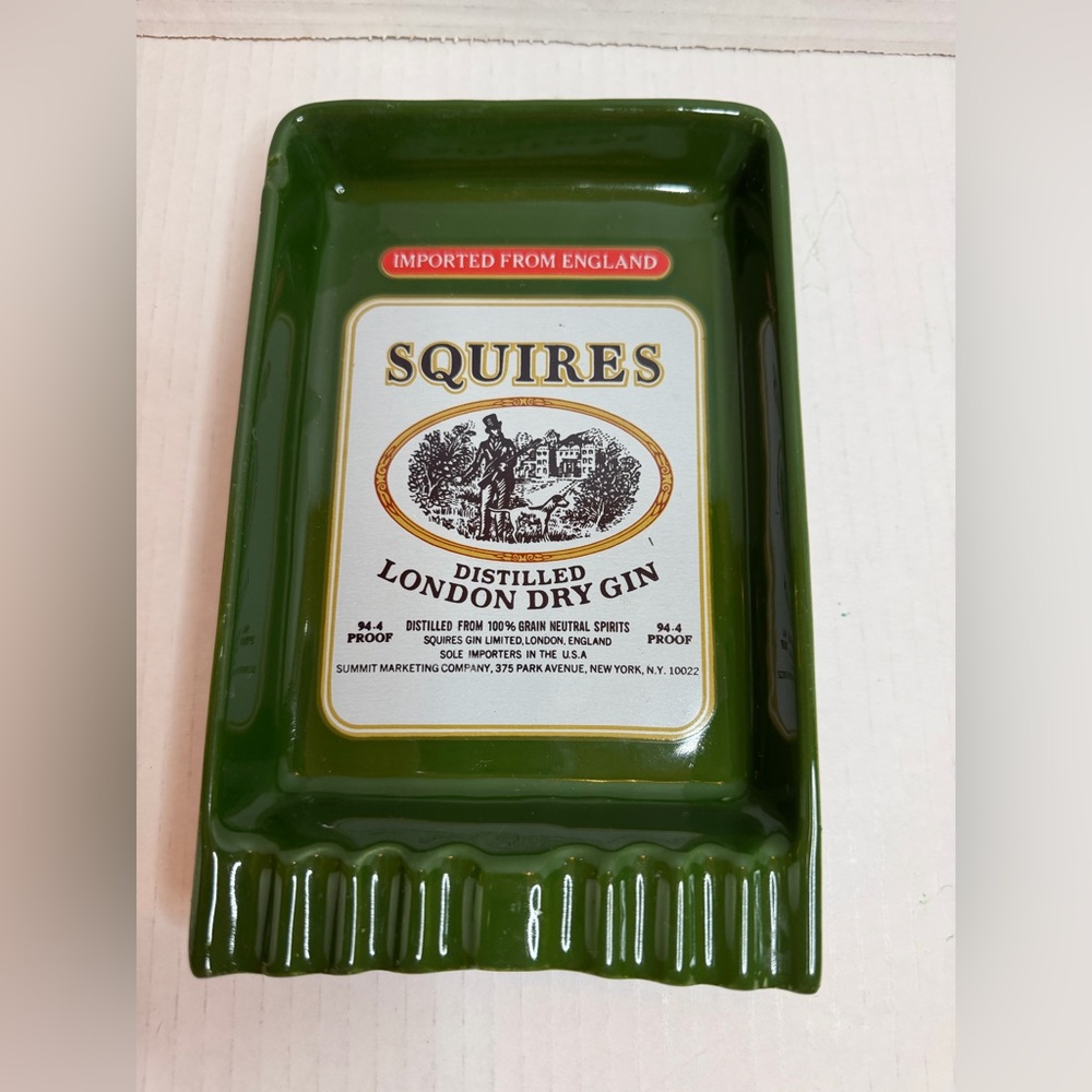 Ceramic Ashtray Squires Distilled London Dry Gin Vintage Large 7.5x5” Green